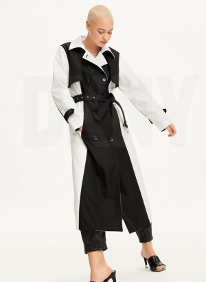 DKNY Colorblock Crinkle Trench Mont Kadın Siyah Beyaz | Turkey_D0649