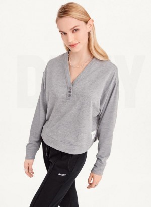 DKNY Cropped Henley Lounge Pullover Tişörtü Kadın Gri | Turkey_D1459