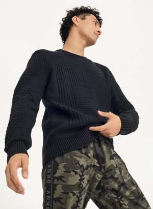 DKNY Patchwork Stitch Crewneck Kazak Erkek Siyah | Turkey_D1738